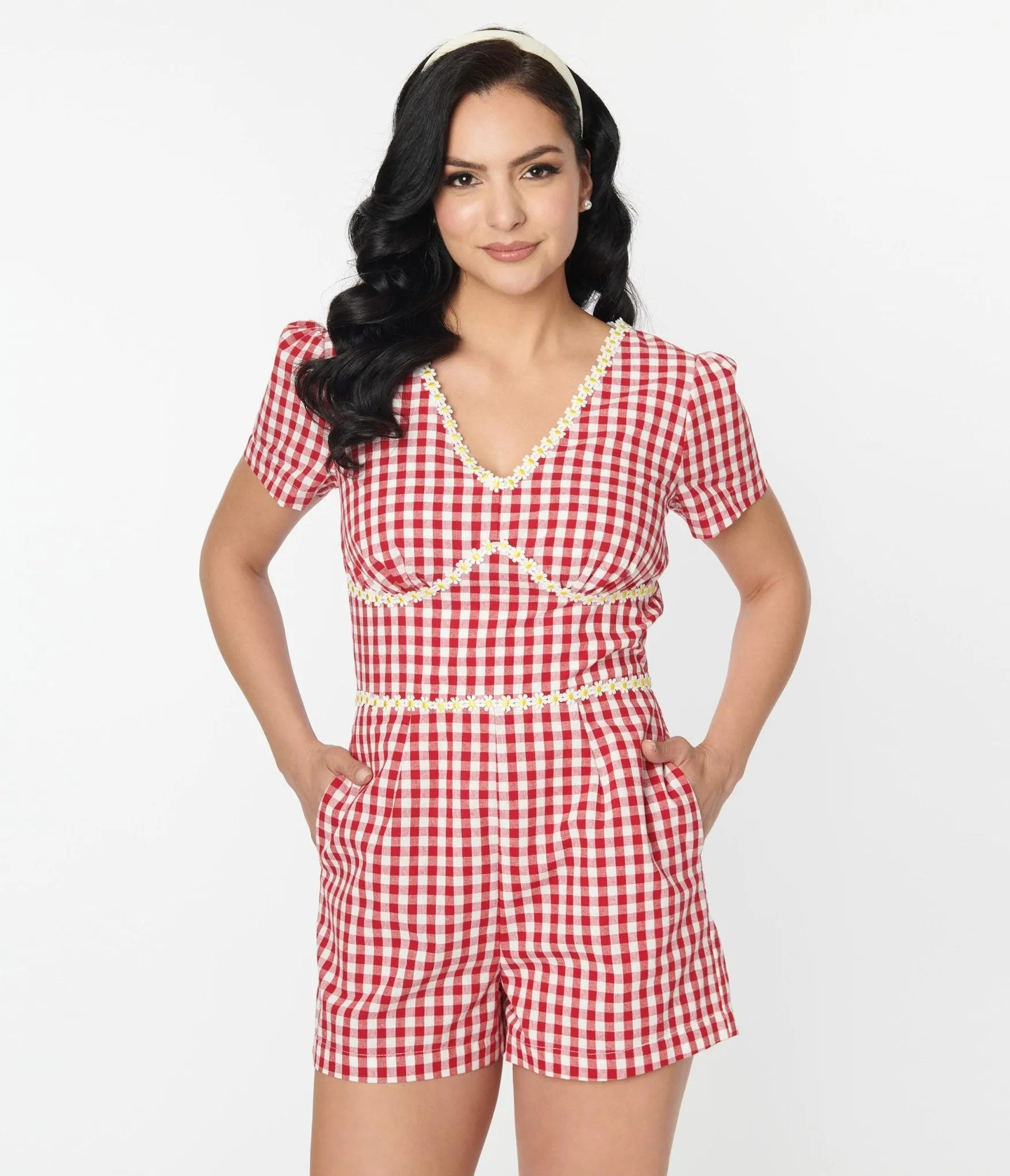 Unique Vintage 1940s Red Gingham & Daisy Romper sold by Unique Vintage product image thumbnail 4