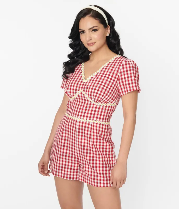 Unique Vintage 1940s Red Gingham & Daisy Romper sold by Unique Vintage