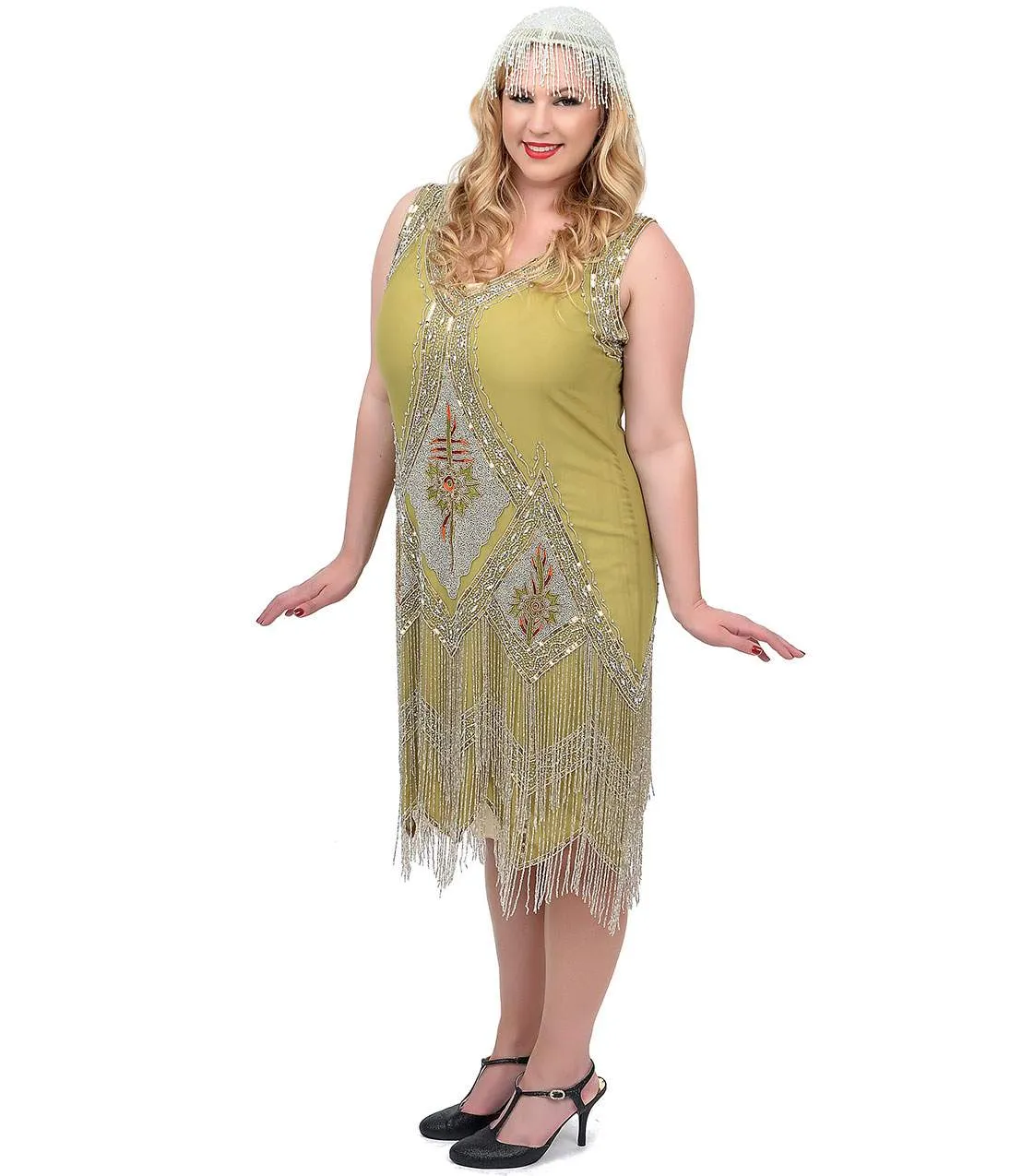 Unique Vintage Plus Size 1920s Green & Silver Embroidered & Hand Beaded Somerset Flapper Dress sold by Unique Vintage product image thumbnail 3