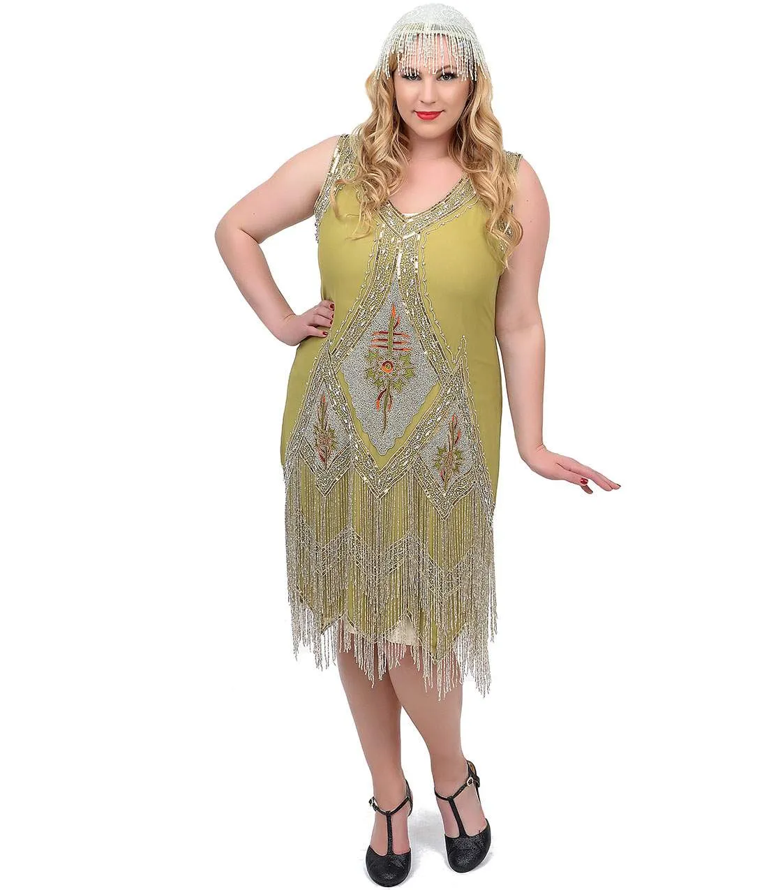 Unique Vintage Plus Size 1920s Green & Silver Embroidered & Hand Beaded Somerset Flapper Dress sold by Unique Vintage product image thumbnail 4