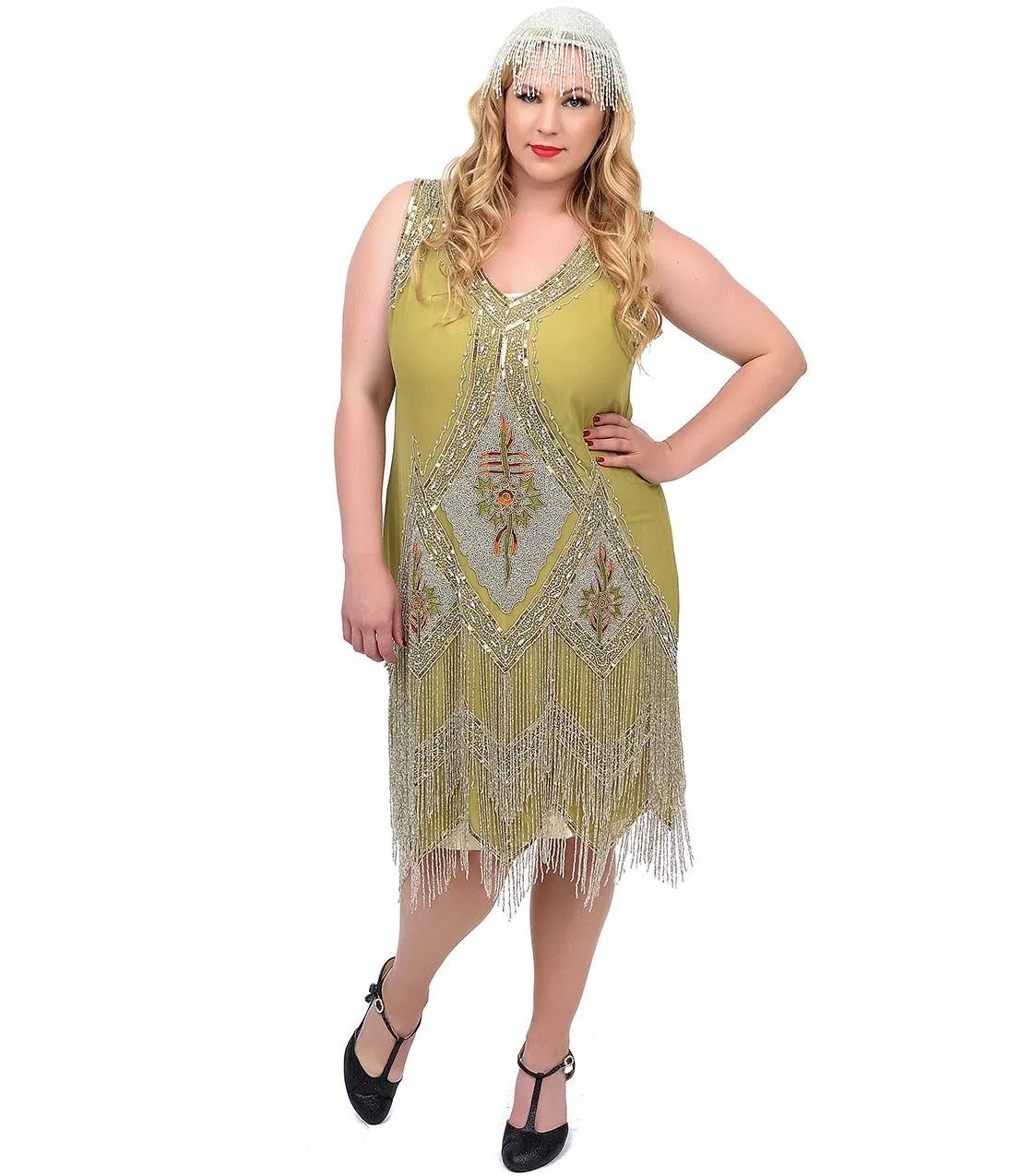 Unique Vintage Plus Size 1920s Green & Silver Embroidered & Hand Beaded Somerset Flapper Dress sold by Unique Vintage