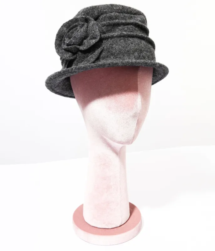 1920s Grey Wool Rose Bud Cloche Hat sold by Unique Vintage
