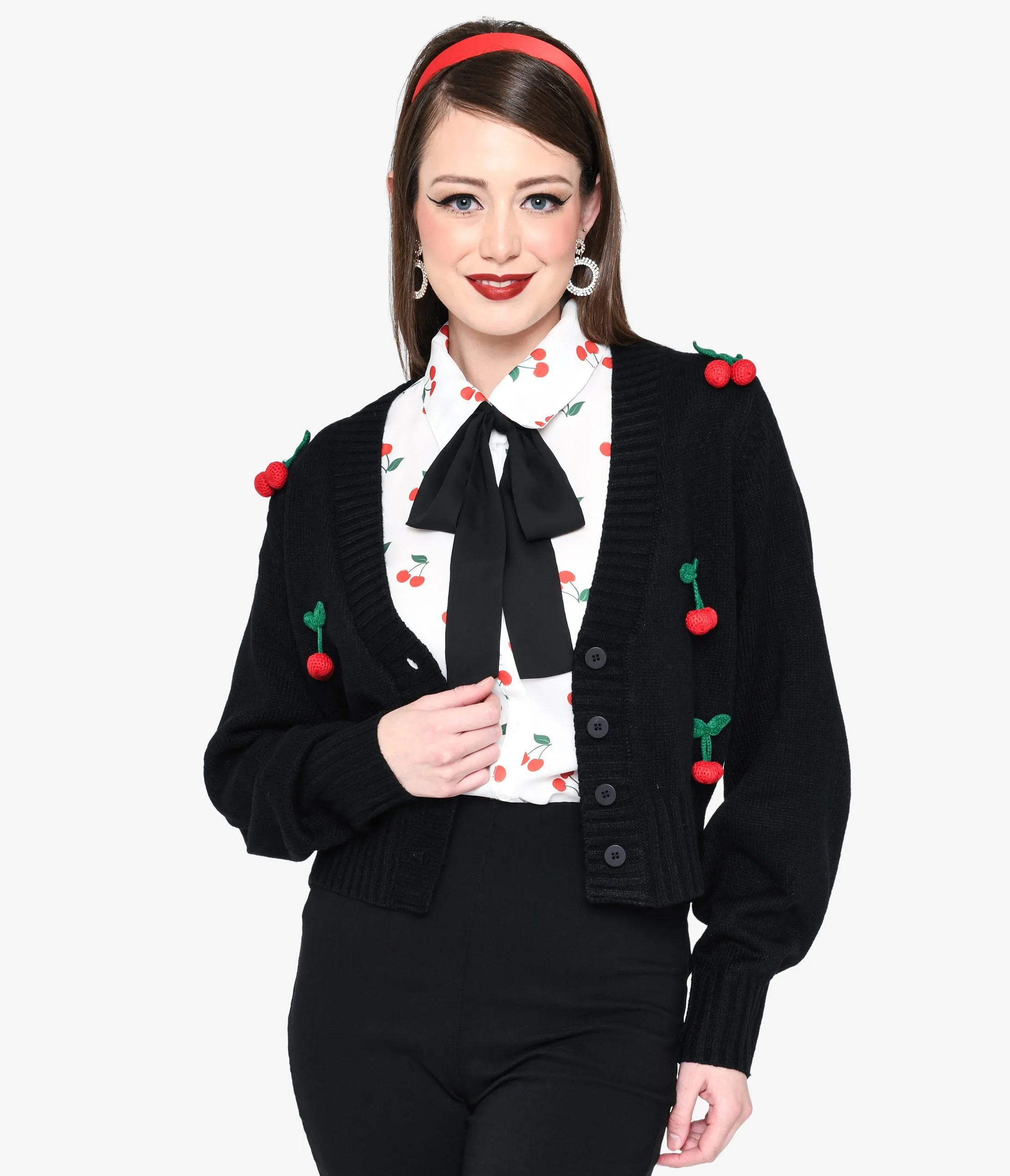 Smak Parlour Black Cherries Cropped Knit Cardigan sold by Unique Vintage