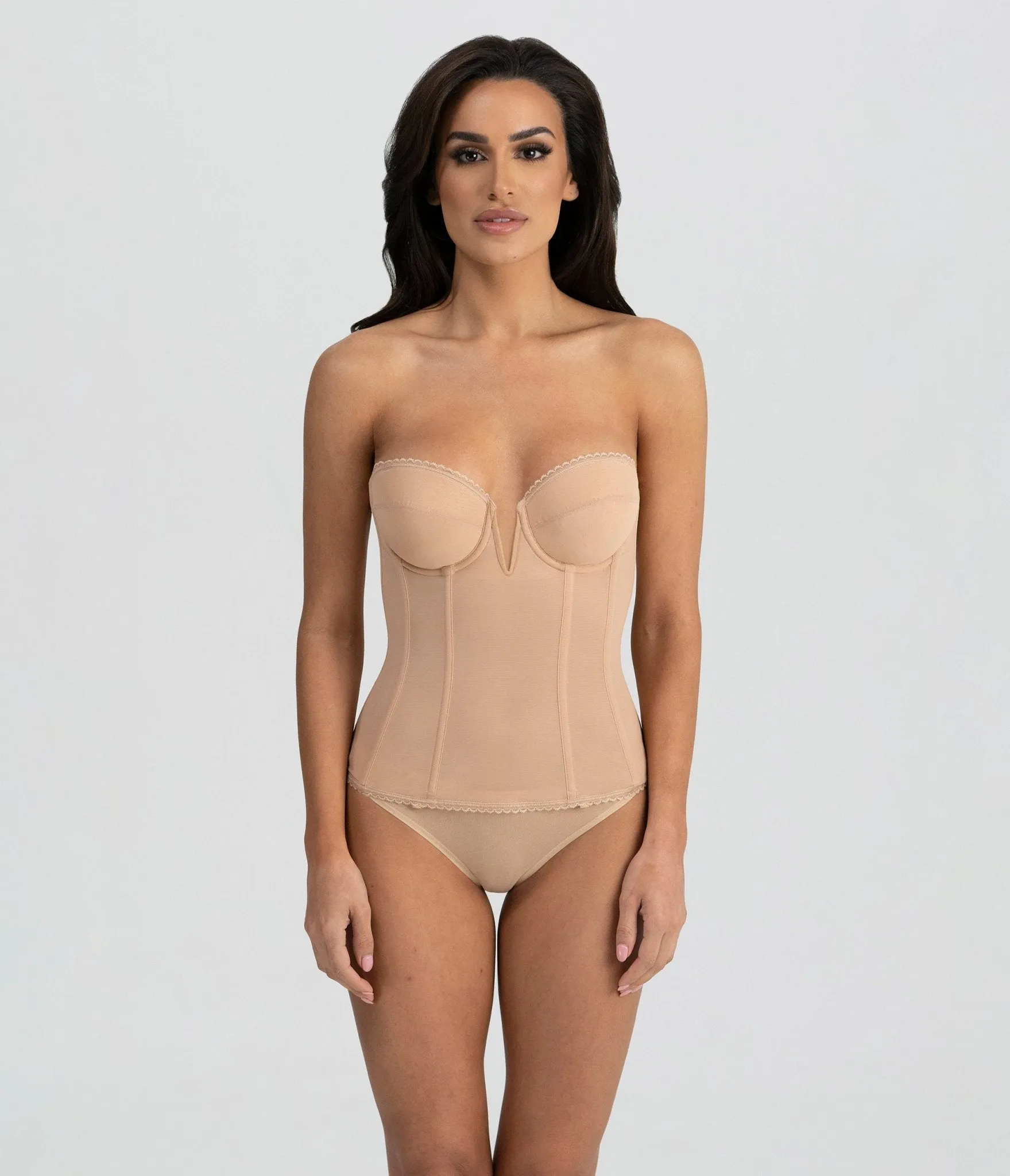 Mocha Deep Plunge V-Wire Longline Vivienne Bustier Bra sold by Unique Vintage