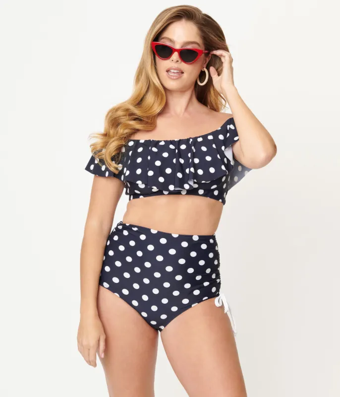 Unique Vintage Navy & White Polka Dot Provincetown Swim Bottom sold by Unique Vintage