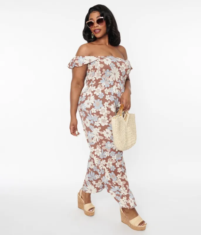 Plus Size Brown & Muted Florals Off The Shoulder Jumpsuit sold by Unique Vintage