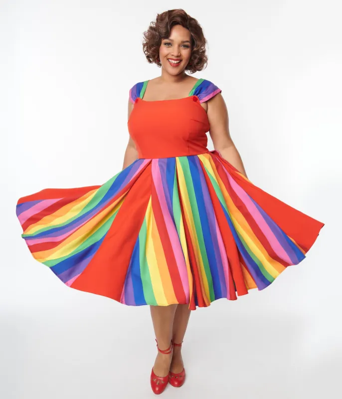Unique Vintage Plus Size Red & Rainbow Stripe Swing Dress sold by Unique Vintage