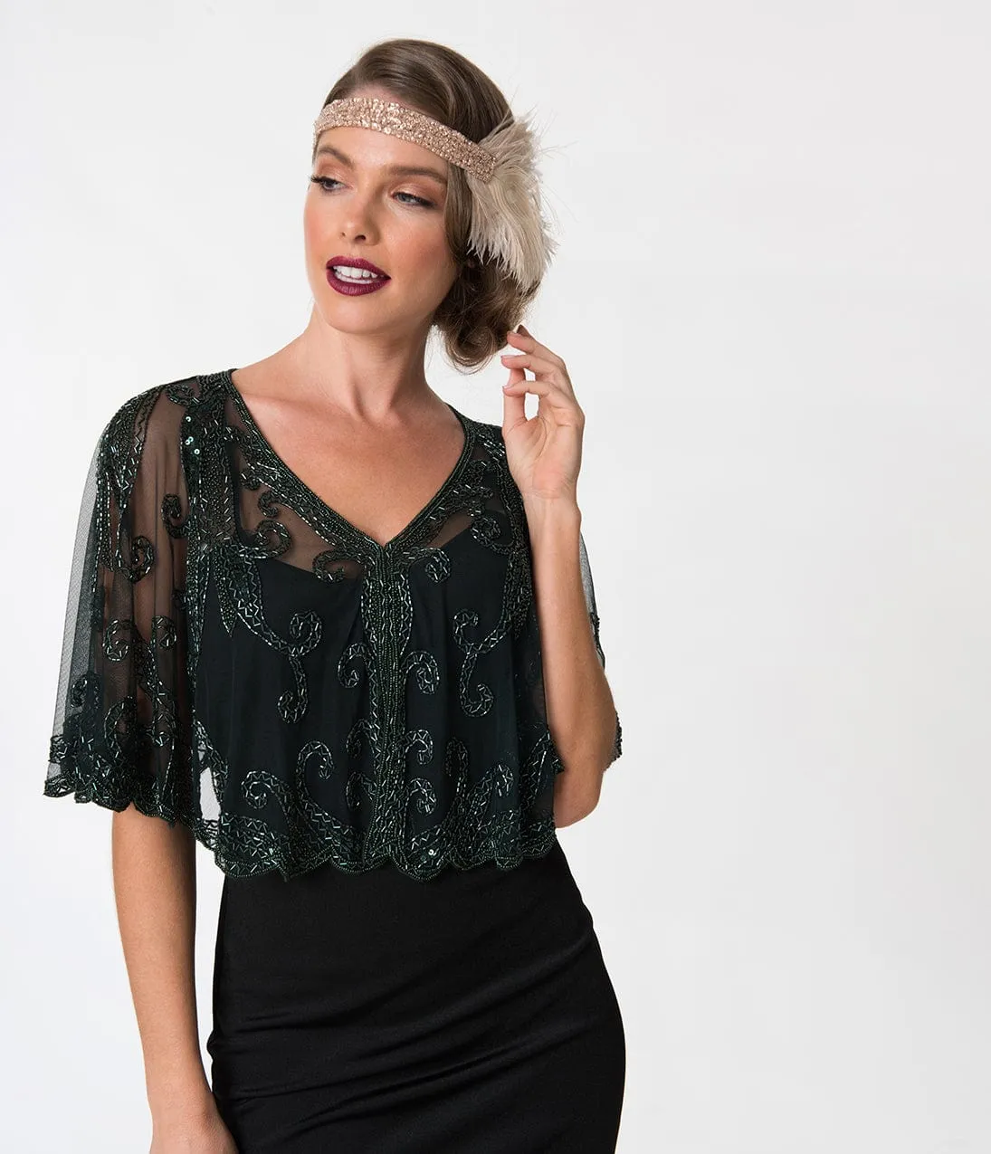 1920s Style Dark Green & Olive Beaded Sheer Mesh Capelet sold by Unique Vintage product image thumbnail 5
