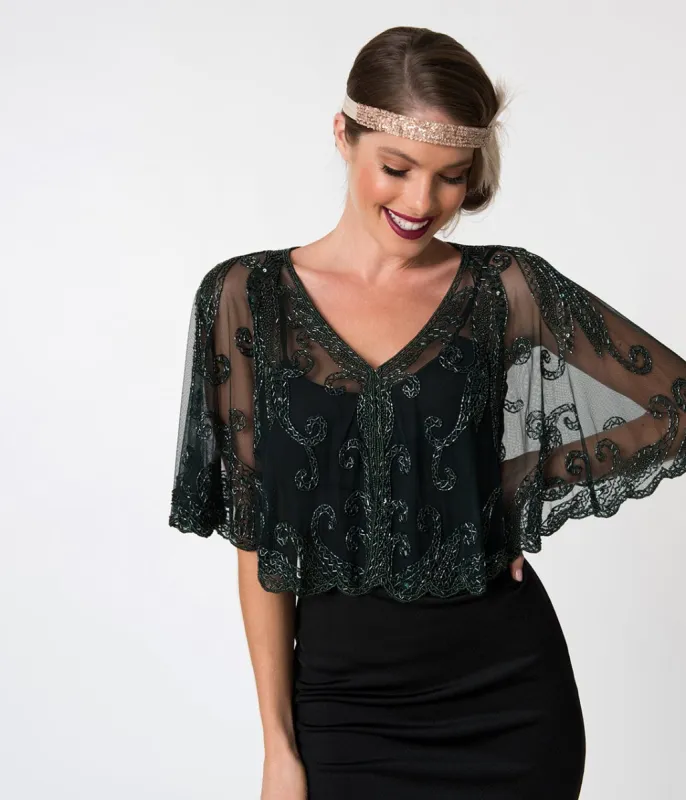 1920s Style Dark Green & Olive Beaded Sheer Mesh Capelet sold by Unique Vintage