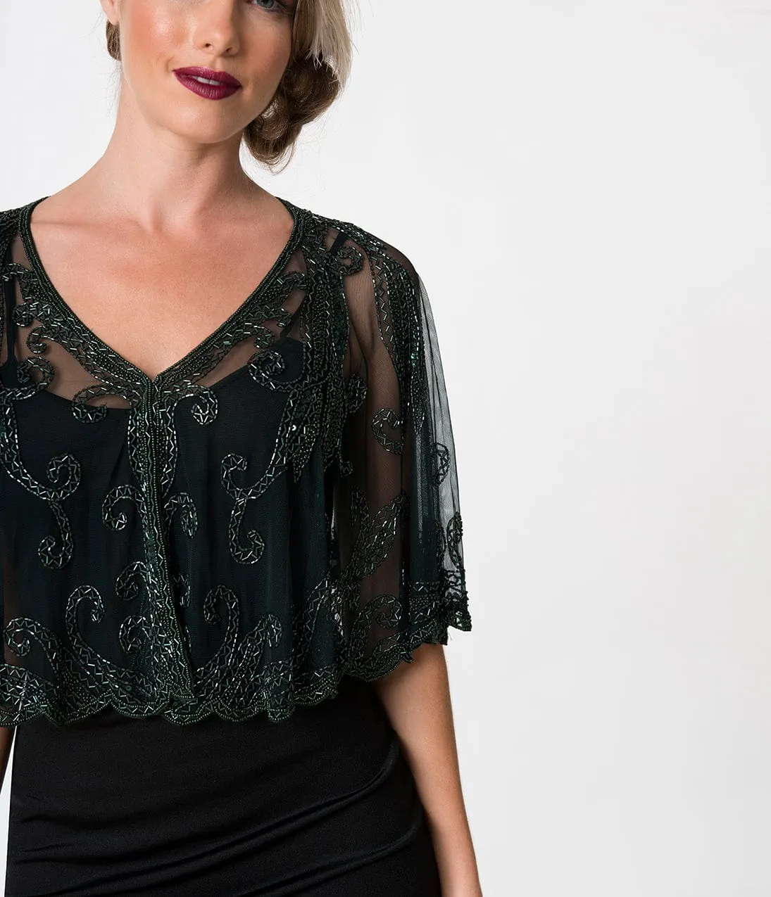 1920s Style Dark Green & Olive Beaded Sheer Mesh Capelet sold by Unique Vintage product image thumbnail 3