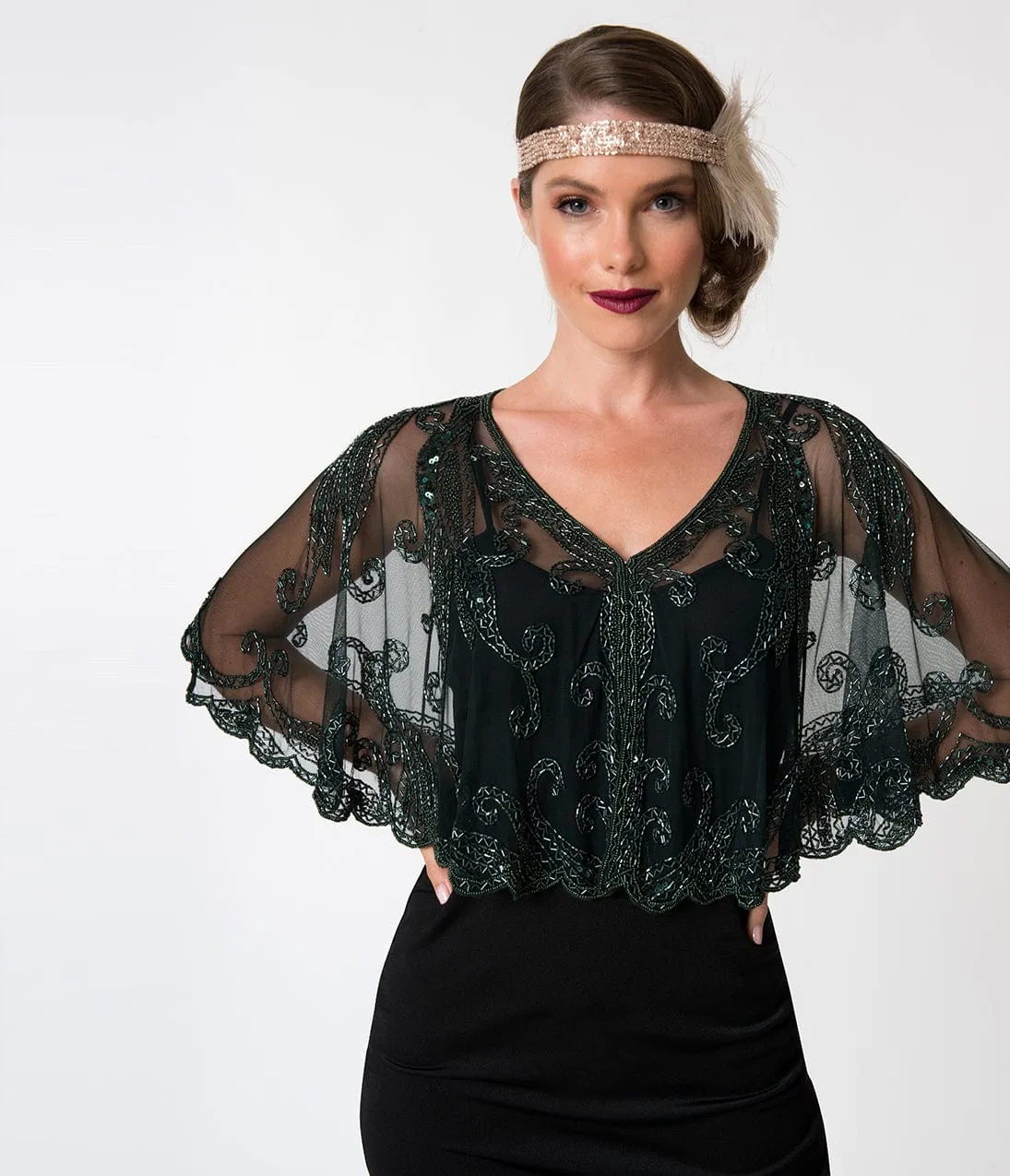 1920s Style Dark Green & Olive Beaded Sheer Mesh Capelet sold by Unique Vintage product image thumbnail 4