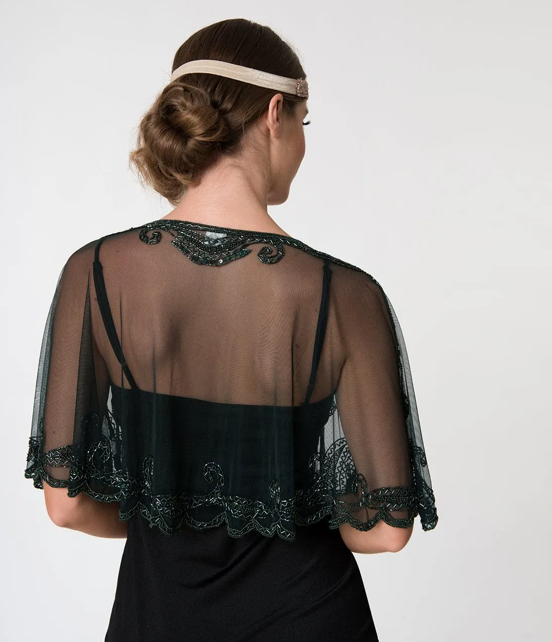 1920s Style Dark Green & Olive Beaded Sheer Mesh Capelet sold by Unique Vintage product image thumbnail 2