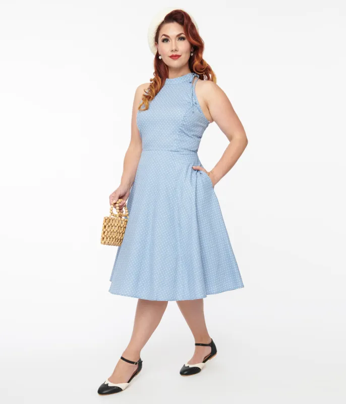 1940s Sky Blue & White Dot Halter Hattie Cotton Swing Dress sold by Unique Vintage