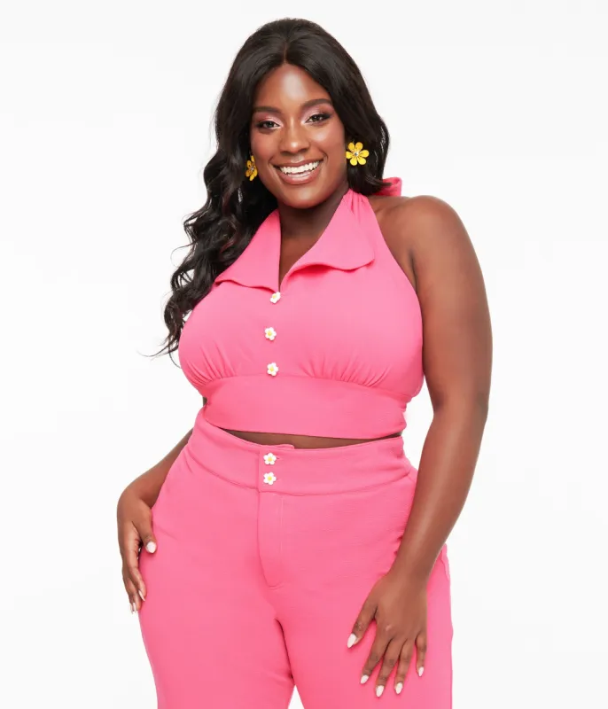 Smak Parlour Plus Size 1960s Hot Pink Halter Crop Top made by Unique Vintage