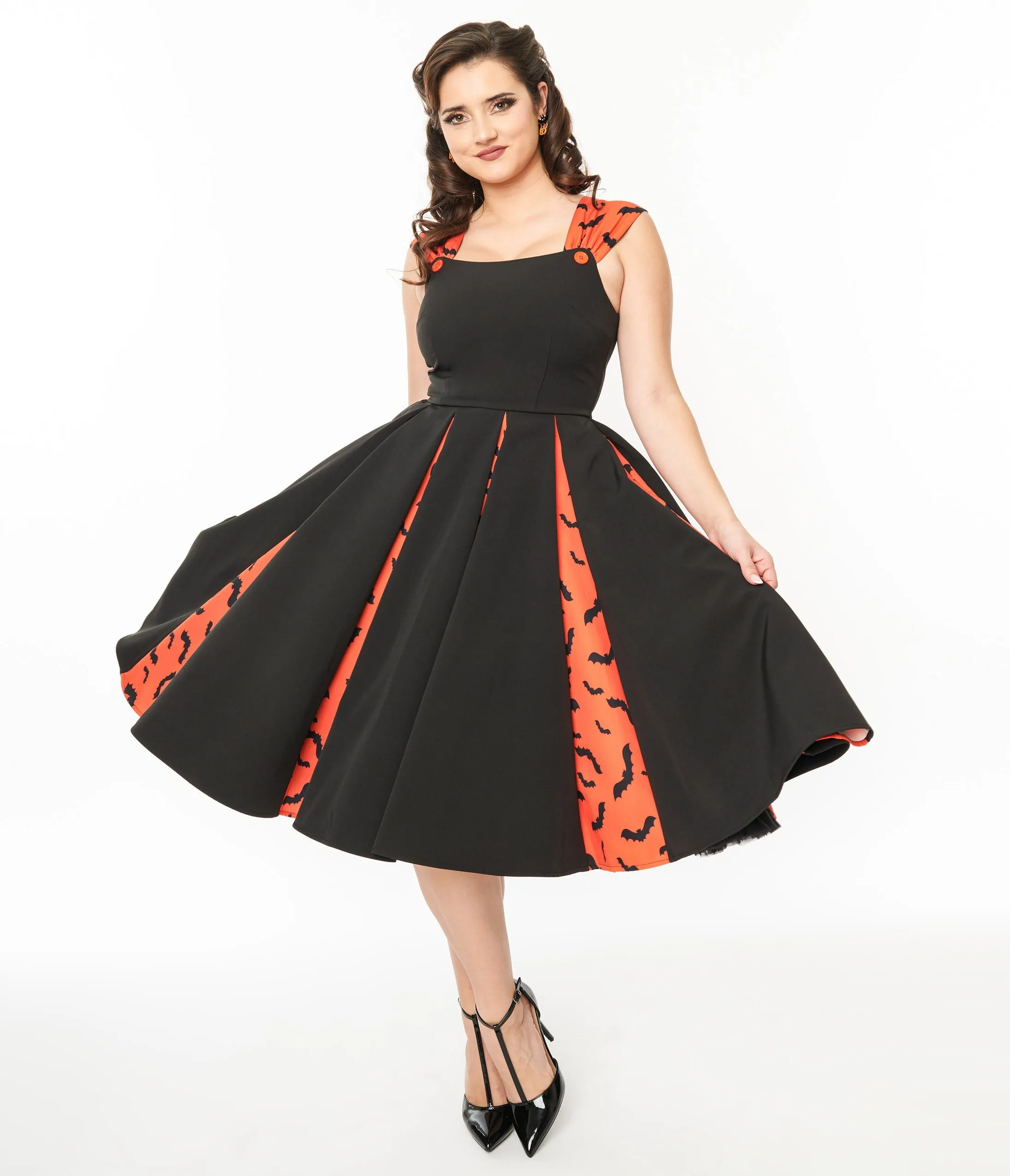 Unique Vintage 1950s Orange & Black Bat Stripe Swing Dress sold by Unique Vintage