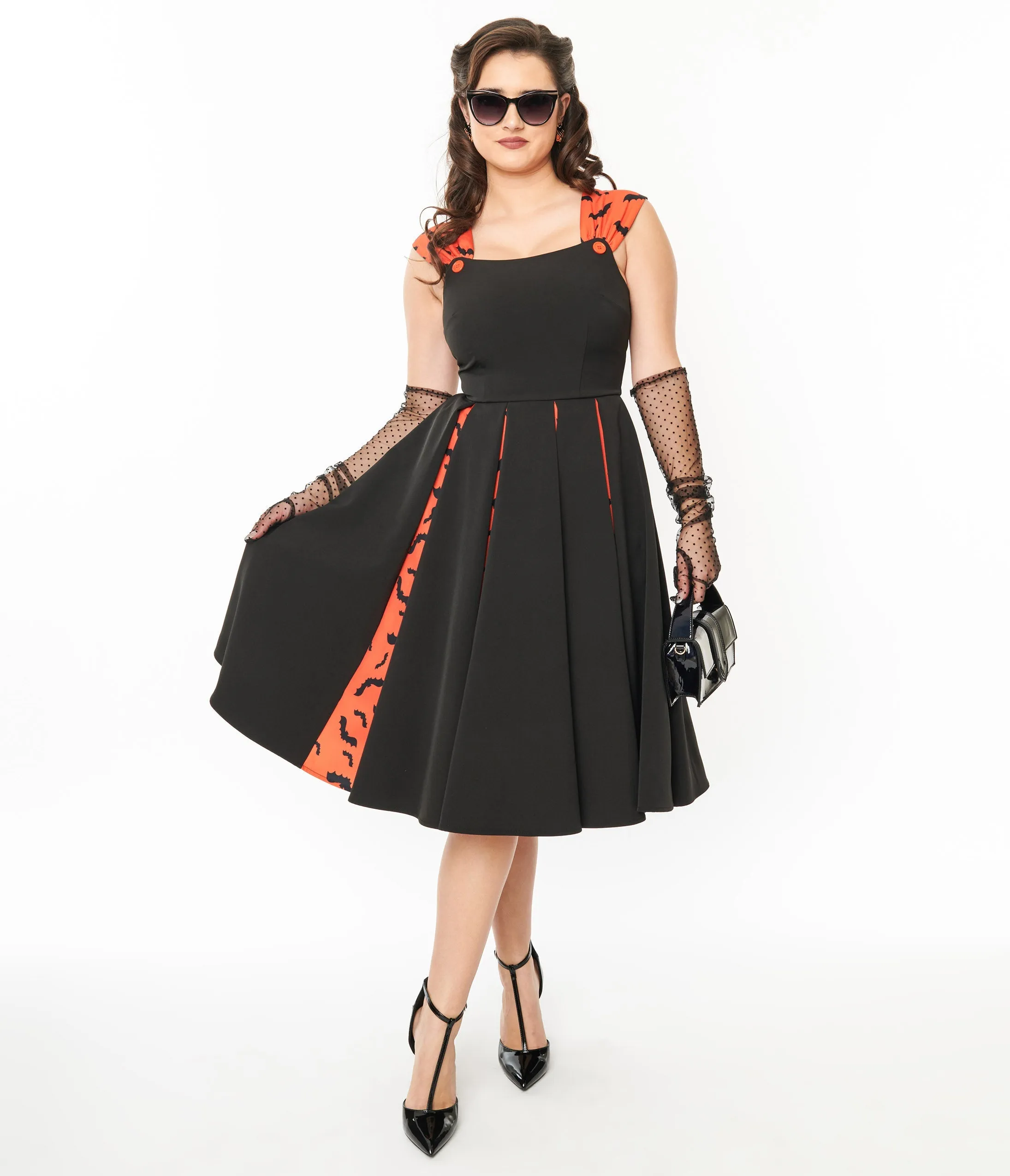 Unique Vintage 1950s Orange & Black Bat Stripe Swing Dress sold by Unique Vintage product image thumbnail 2