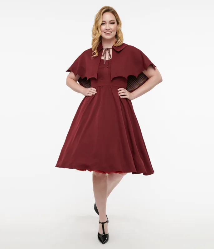 Disney Hocus Pocus Collection by Unique Vintage Burgundy & Grey Plaid Hocus Pocus Capelet Swing Dress sold by Unique Vintage