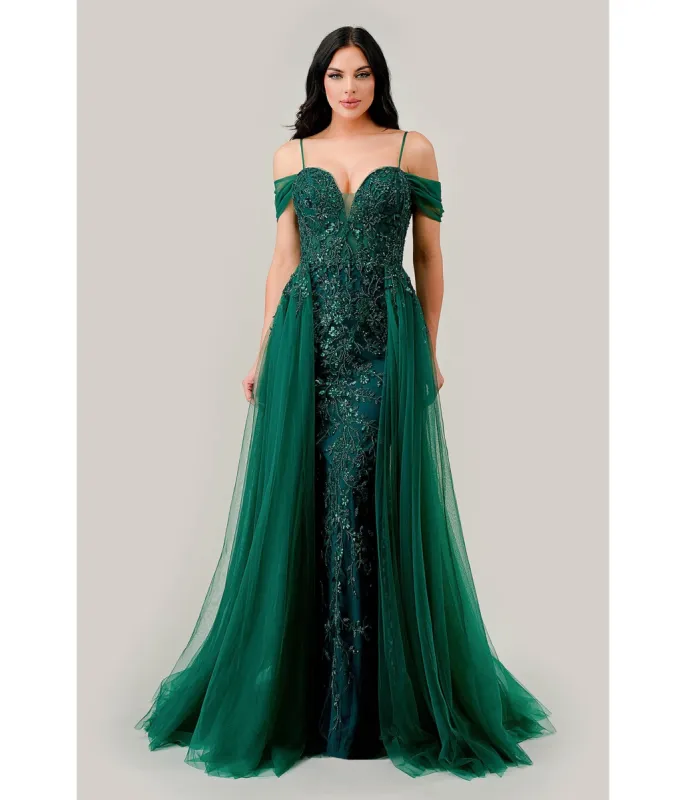 Ladivine by Cinderella Divine Emerald Off Shoulder Prom Gown sold by Unique Vintage