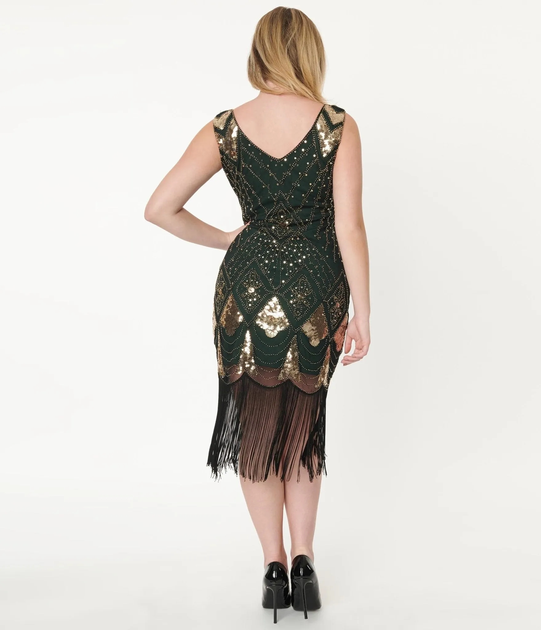 Unique Vintage 1920s Emerald & Gold Sequin Lina Flapper Dress sold by Unique Vintage product image thumbnail 3