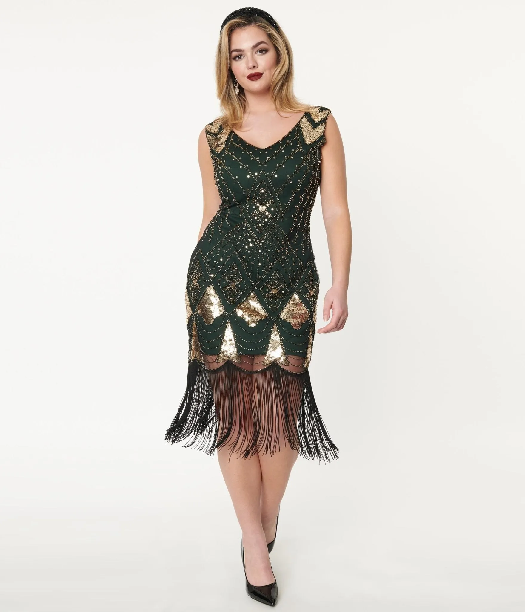 Unique Vintage 1920s Emerald & Gold Sequin Lina Flapper Dress sold by Unique Vintage