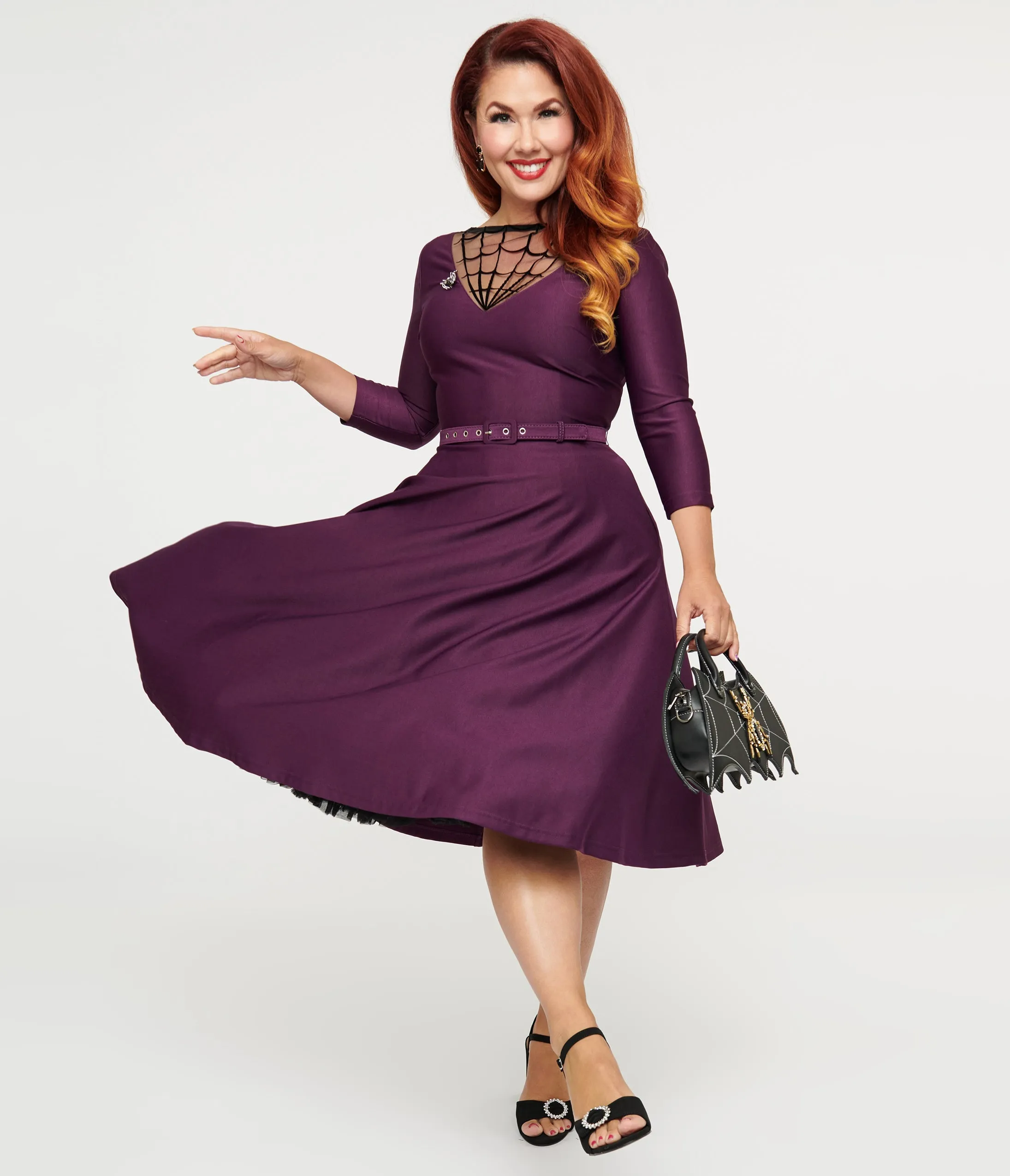 Unique Vintage 1950s Eggplant & Black Spiderweb Devon Swing Dress sold by Unique Vintage