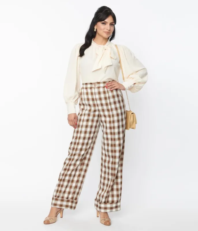Unique Vintage 1940s Brown & Ivory Plaid Wide Cuff Pants sold by Unique Vintage