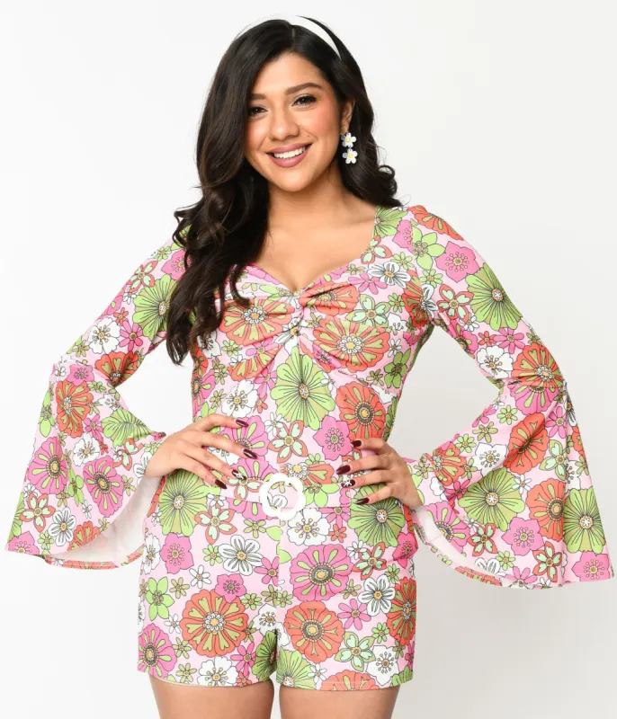 Smak Parlour 1960s Pink Retro Bloom Trumpet Sleeve Top sold by Unique Vintage