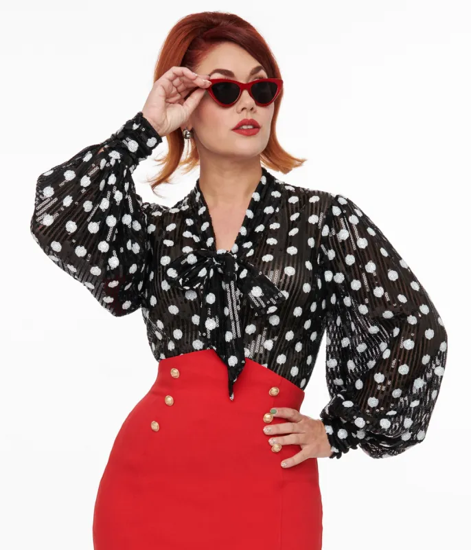 Unique Vintage Black & White Sequin Dot Lena Blouse sold by Unique Vintage