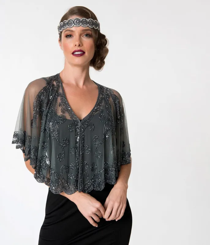 1920s Style Grey & Gun Metal Beaded Sheer Mesh Capelet sold by Unique Vintage