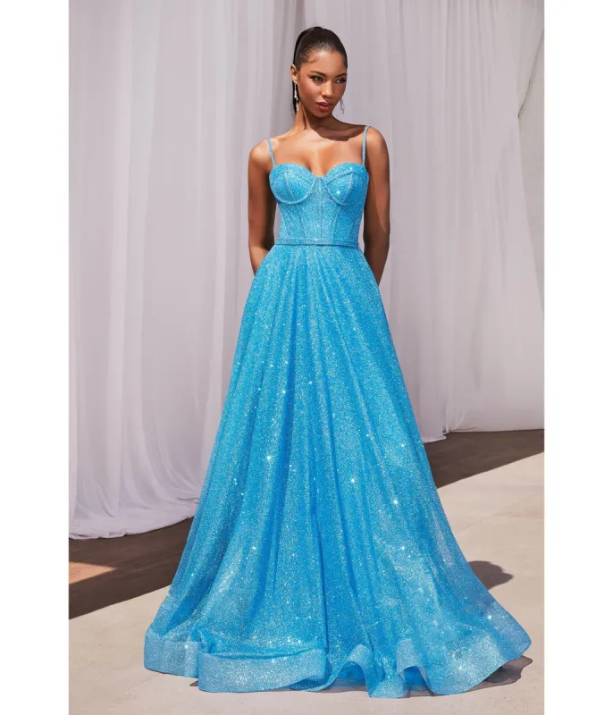 Ladivine by Cinderella Divine Ocean Blue Glitter Strapless Prom Gown sold by Unique Vintage