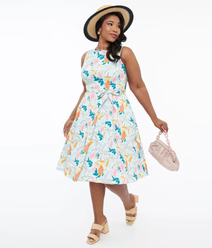 1950s Blue Tropical Holiday Cotton Hepburn Swing Dress sold by Unique Vintage