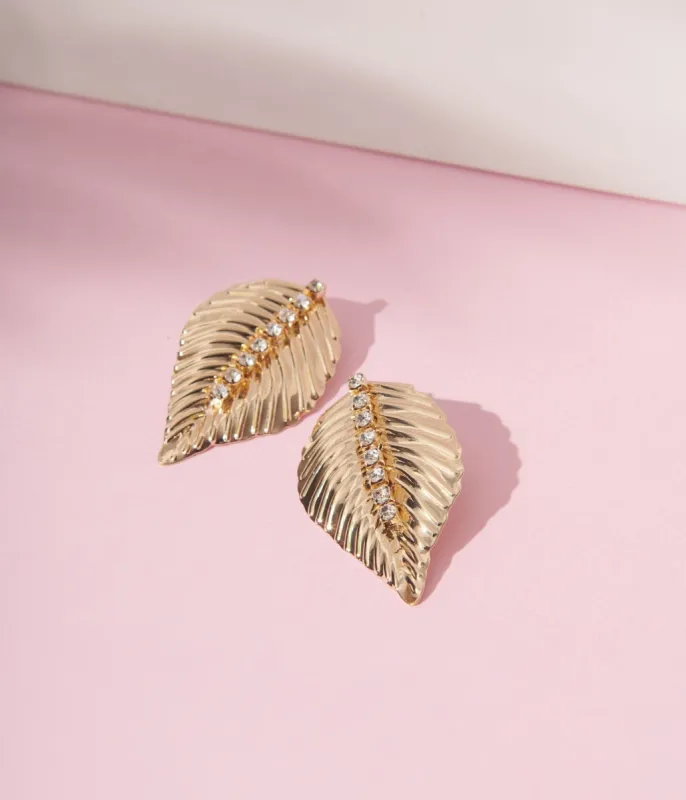 Gold Rhinestone Leaf Stud Earrings sold by Unique Vintage