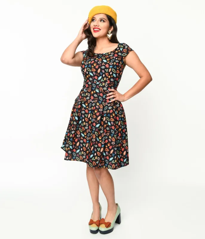 Retrolicious Black Leaves & Acorns Margaret Flare Dress sold by Unique Vintage