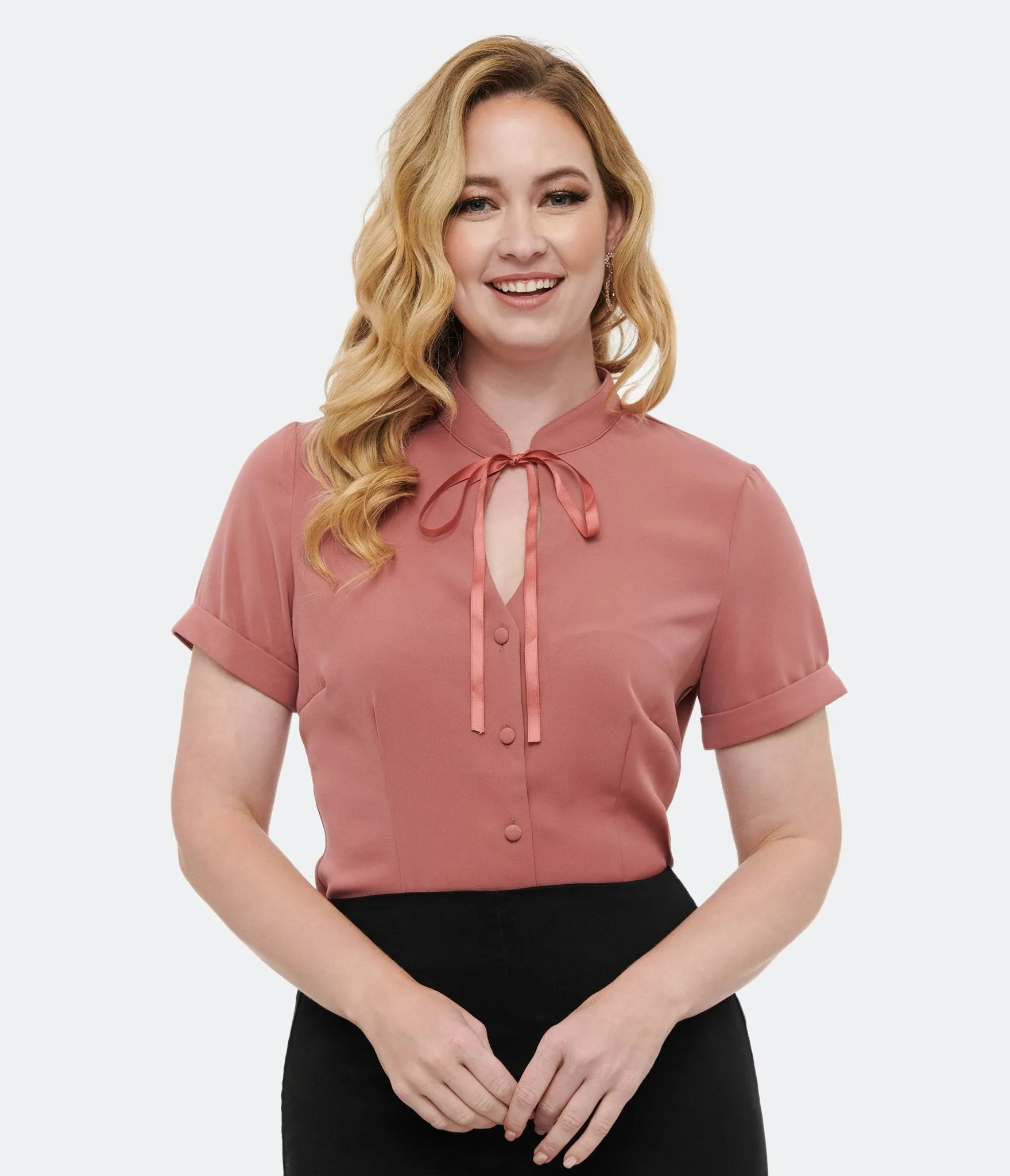 Voodoo Vixen 1950s Dusty Rose Keyhole Blouse sold by Unique Vintage