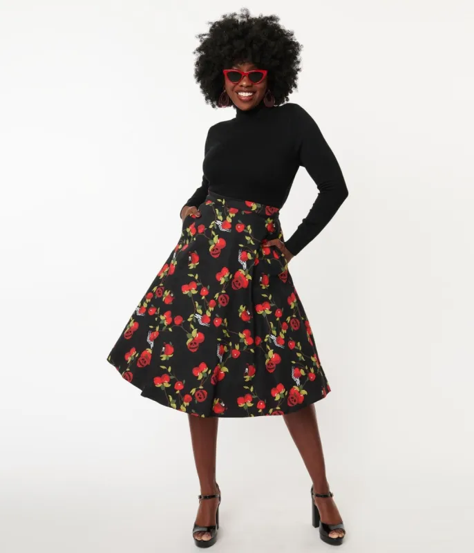 Collectif Black & Red Deathly Apples Cassie Swing Skirt sold by Unique Vintage