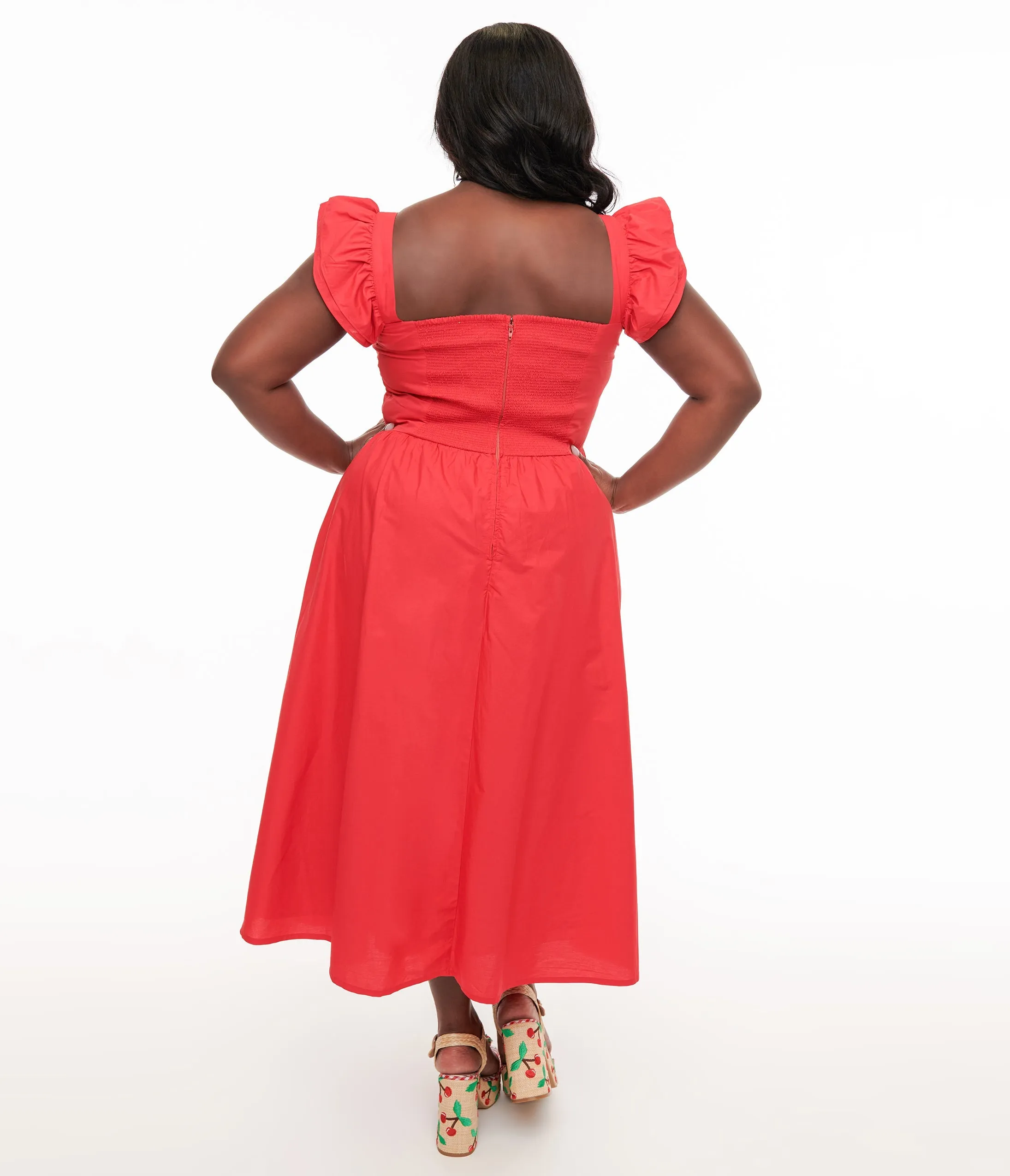 Plus Size Y2K Red Flutter Sleeve Poplin Midi Dress sold by Unique Vintage product image thumbnail 2