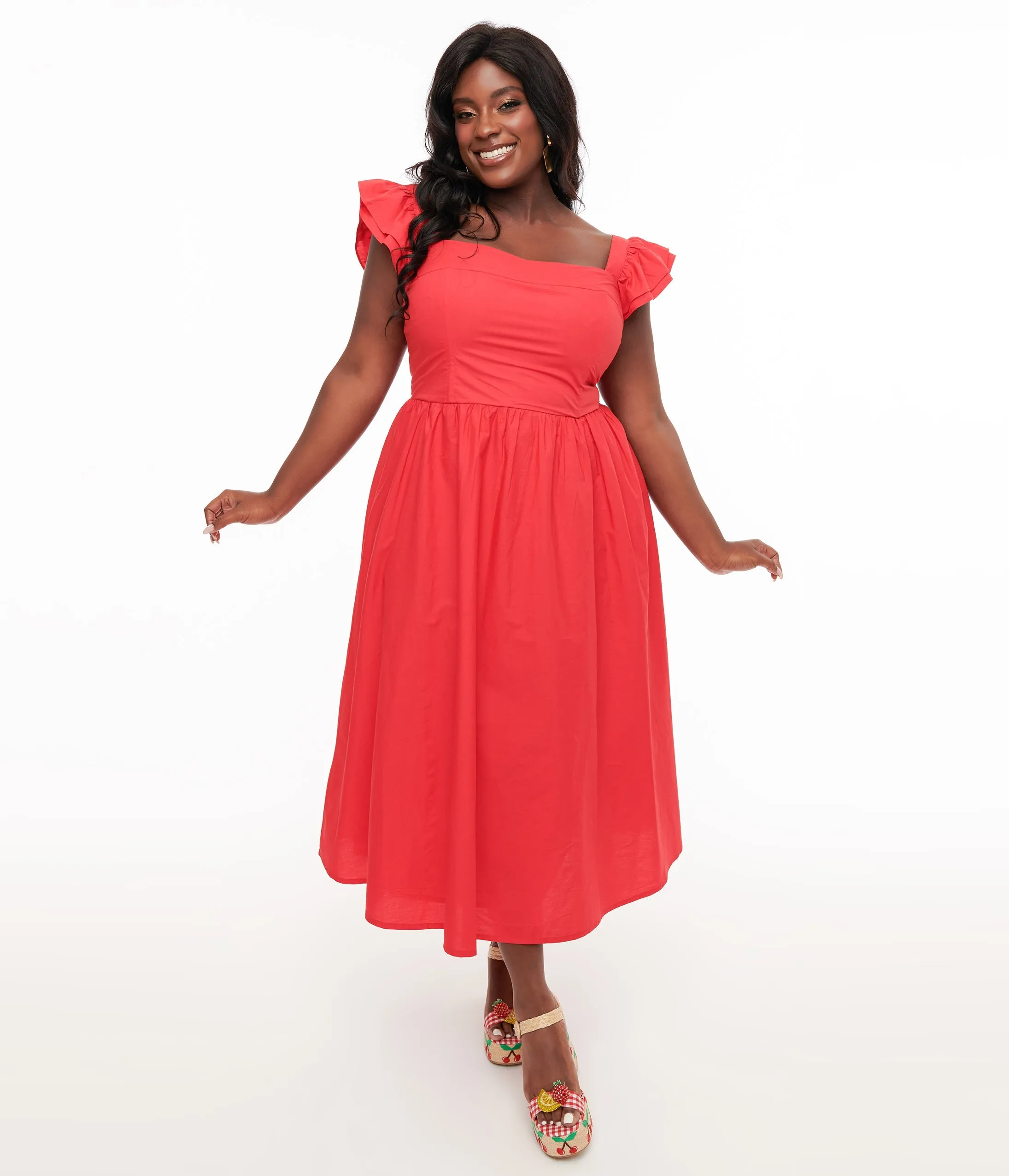 Plus Size Y2K Red Flutter Sleeve Poplin Midi Dress sold by Unique Vintage product image thumbnail 3