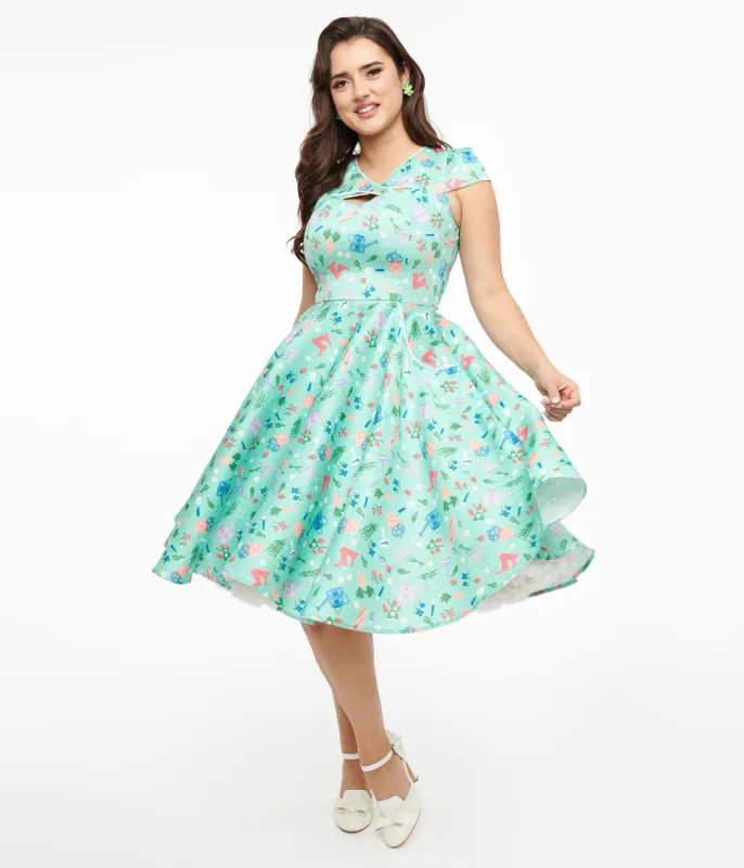Voodoo Vixen 1950s Mint Green English Country Garden Print Fit & Flare Dress sold by Unique Vintage