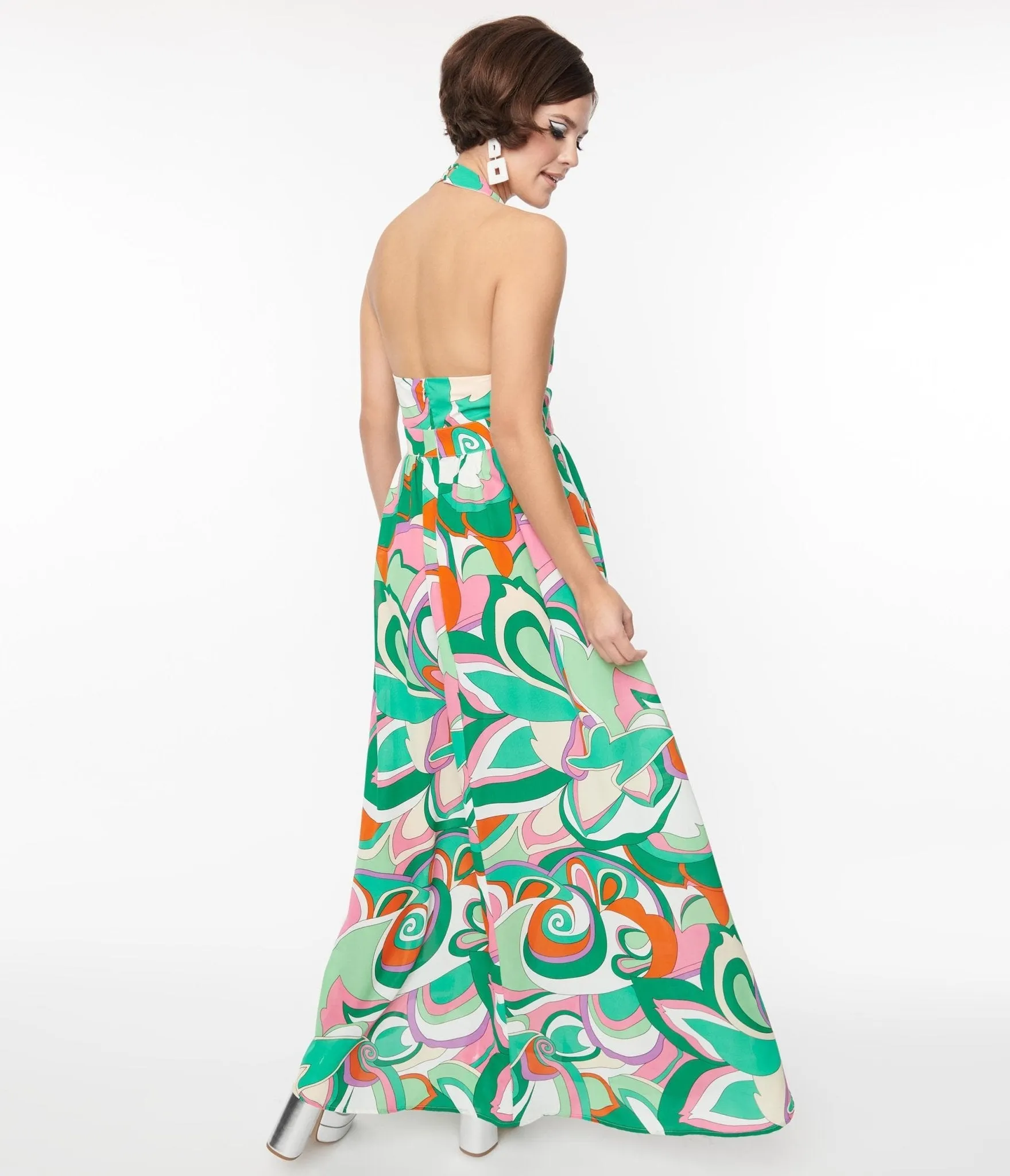 Smak Parlour 1970s Green & Pink Psychedelic Floral Halter Maxi Dress sold by Unique Vintage product image thumbnail 3