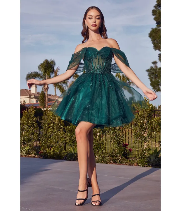 Ladivine by Cinderella Divine Emerald Glitter Tulle Off Shoulder Corset Mini Dress sold by Unique Vintage