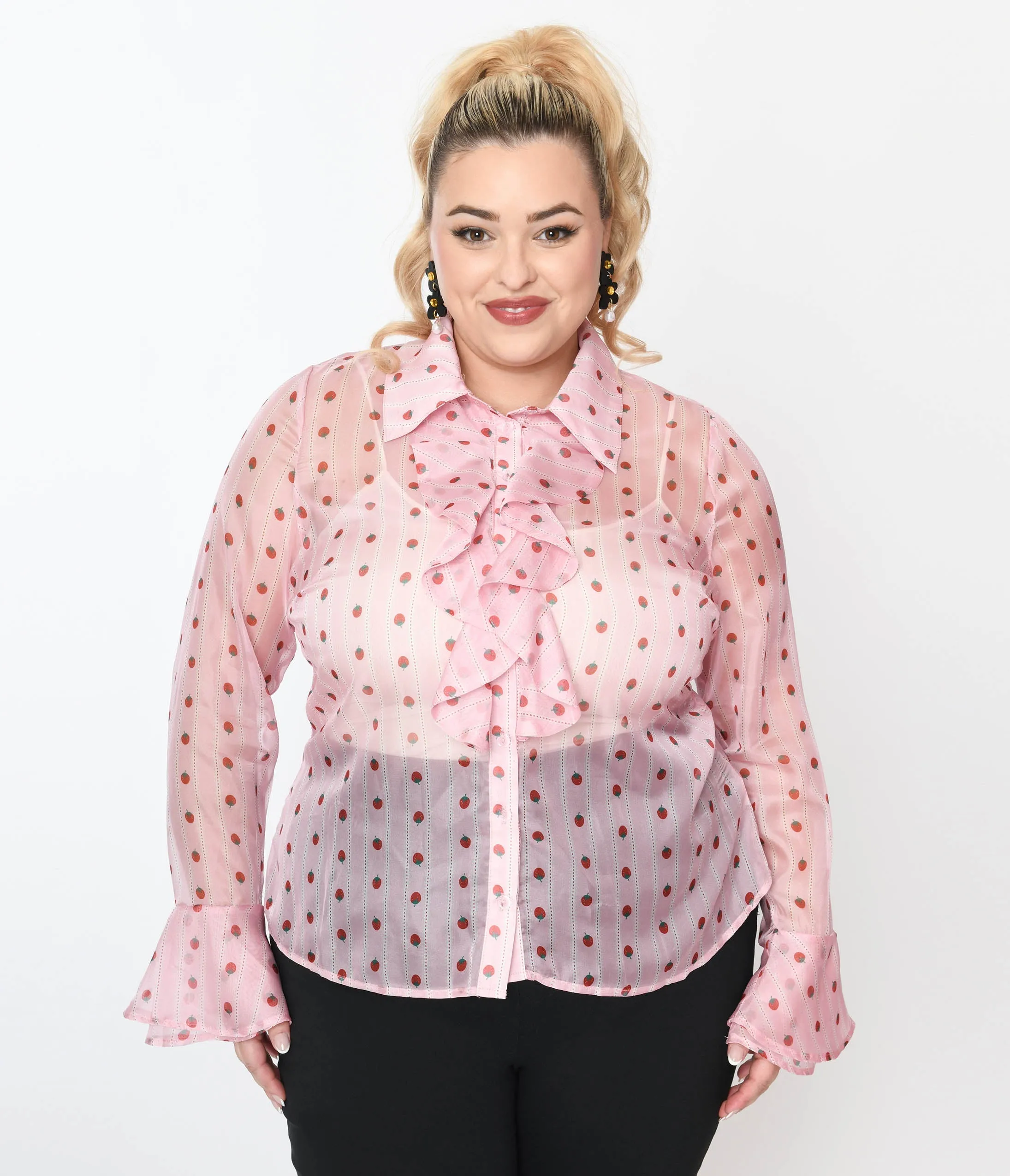 Smak Parlour Plus Size Pink & Strawberries Stripe Ruffle Blouse sold by Unique Vintage product image thumbnail 2
