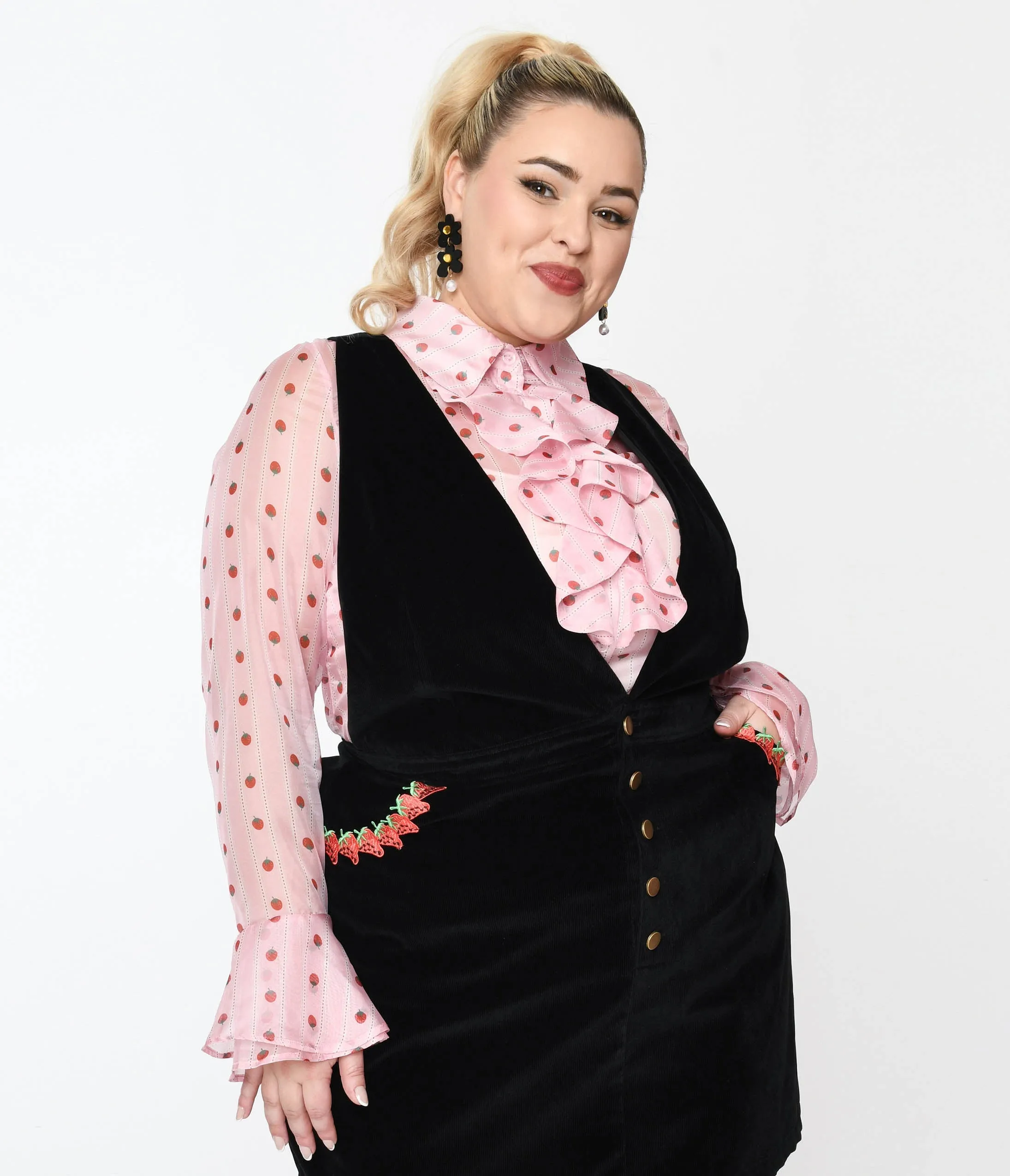 Smak Parlour Plus Size Pink & Strawberries Stripe Ruffle Blouse sold by Unique Vintage