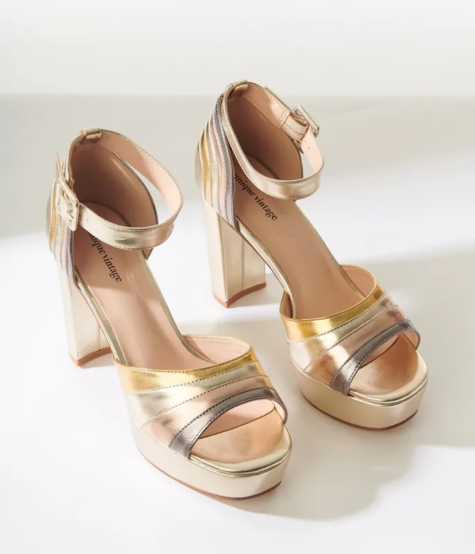 Unique Vintage Metallic Gold Peep Toe Platform Heels sold by Unique Vintage