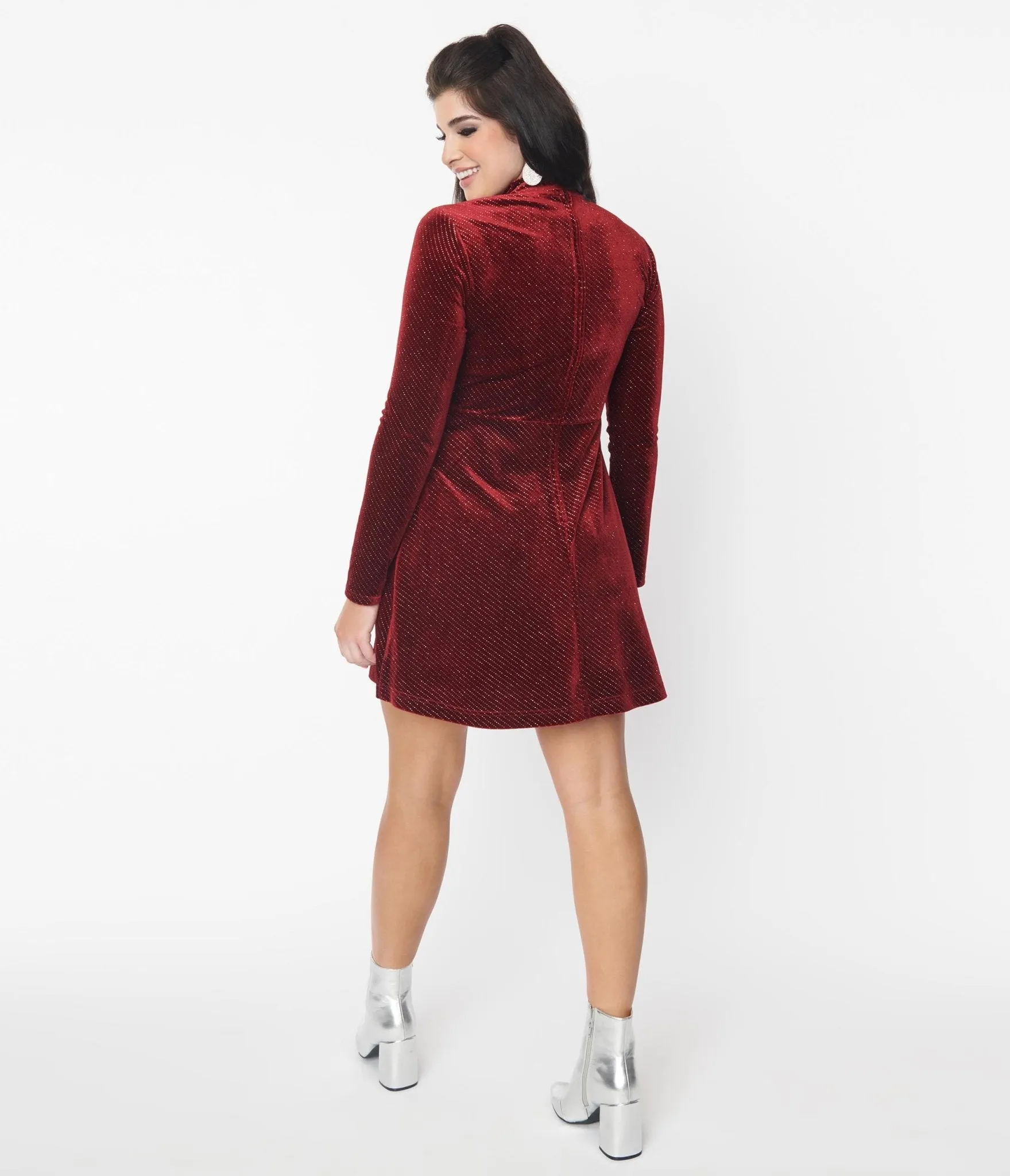 Smak Parlour Burgundy Sparkly Velvet Mock Turtleneck Fit & Flare Dress sold by Unique Vintage product image thumbnail 3