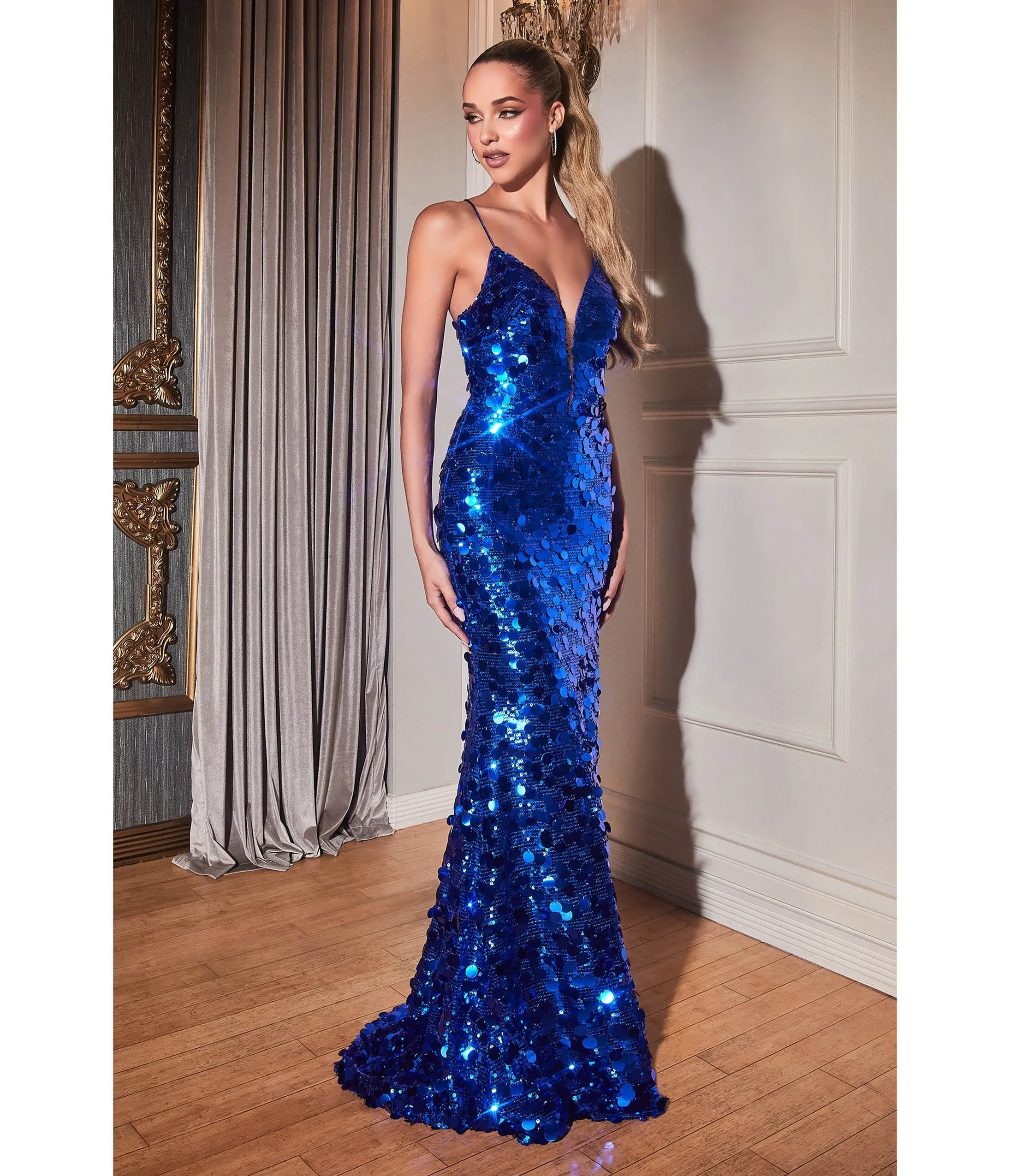 Cinderella Divine Royal Blue Pailllette Sequin Sheath Evening Gown sold by Unique Vintage