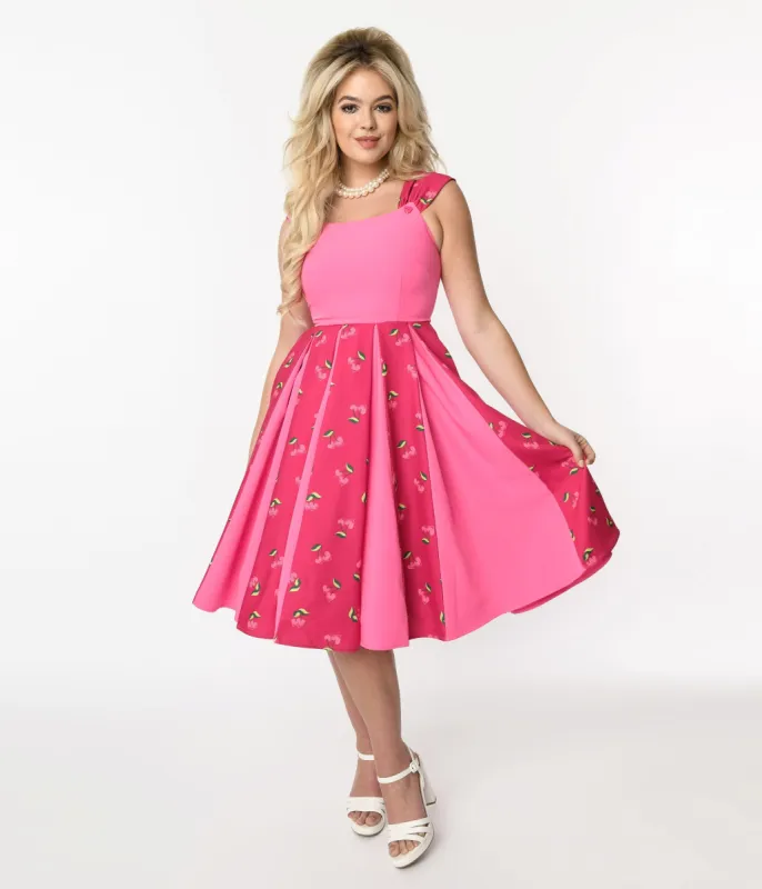 Unique Vintage Plus Size Hot Pink & Heart Cherry Stripe