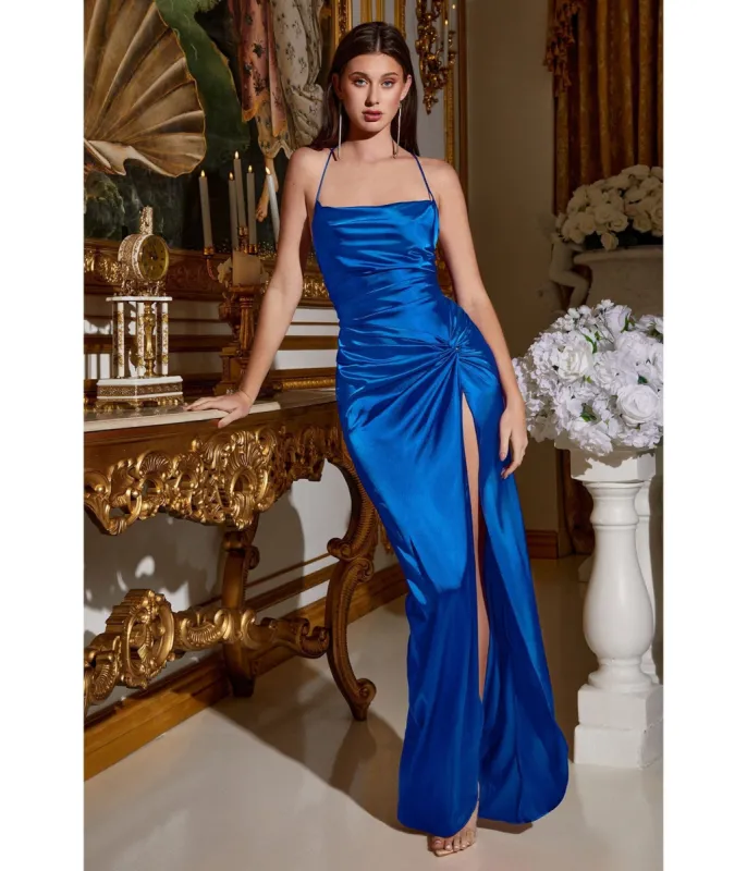 Cinderella Divine  Royal Blue Draped Satin Slit Bridesmaid Dress sold by Unique Vintage