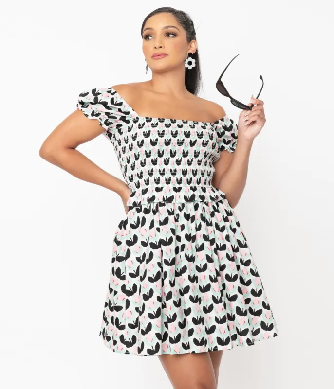 Smak Parlour Mint & Pink Tulip Print Cutie Patootie Fit & Flare Dress sold by Unique Vintage