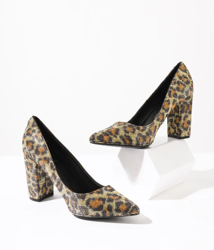 Leopard Rhinestone Block Heels sold by Unique Vintage