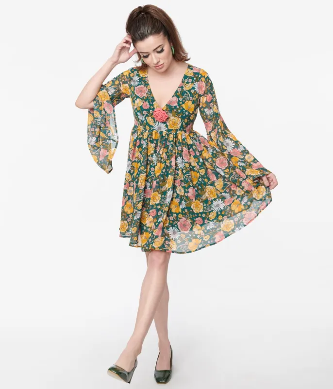 Unique Vintage Hunter Green Floral Empire Waist Dress made by Unique Vintage